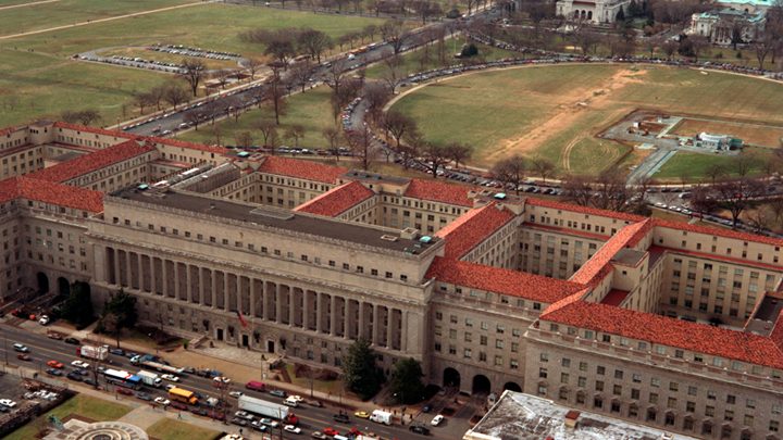 Aerial view of the Herbert C. Hoover Building, headquarters of the U.S. Department of Commerce, in Washington (file photo)