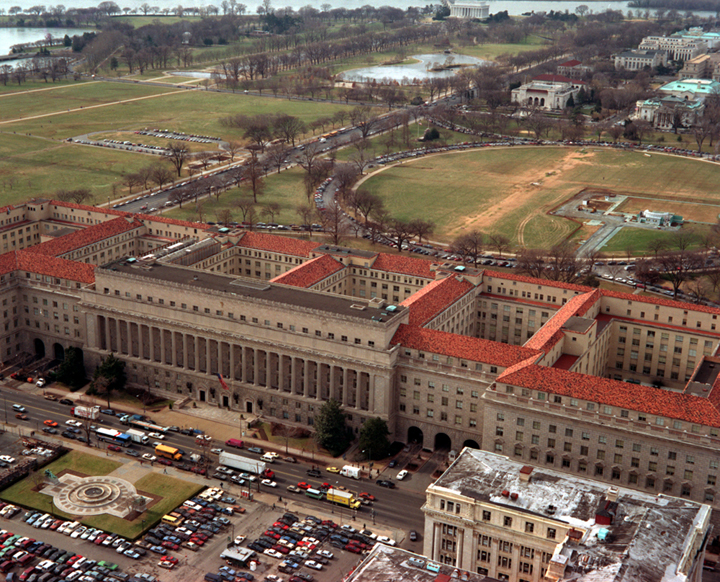 Aerial view of the Herbert C. Hoover Building, headquarters of the U.S. Department of Commerce, in Washington (file photo)