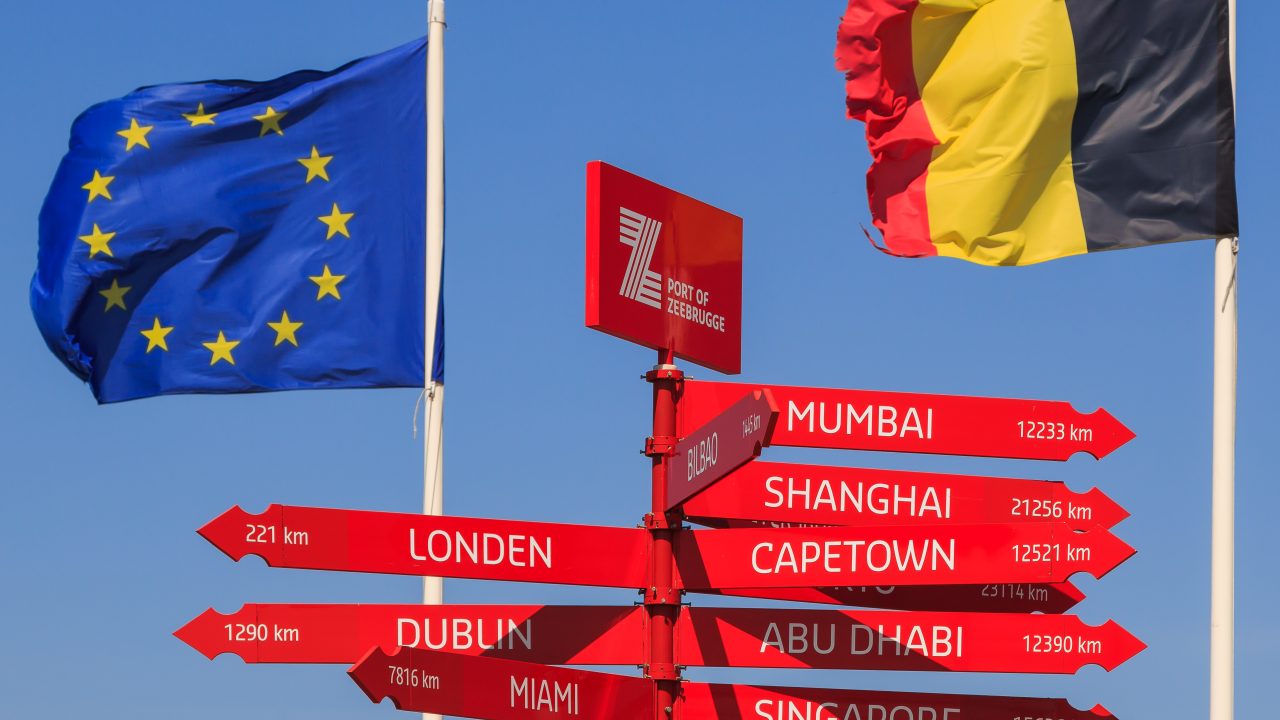 Zeebrugge Belgium Signpost-with-EU-Flag-and-Belgium-Flag-01.jpg